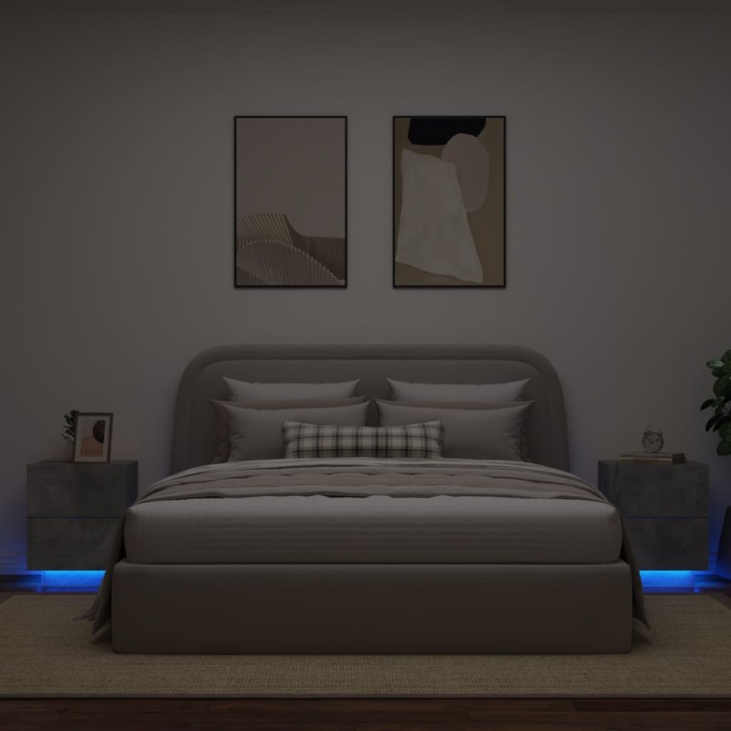 vidaXL Mesita de noche luces LED 2 uds madera ingeniería gris hormigón vidaXL Mesita de noche luces LED 2 uds madera ingeniería gris hormigón
