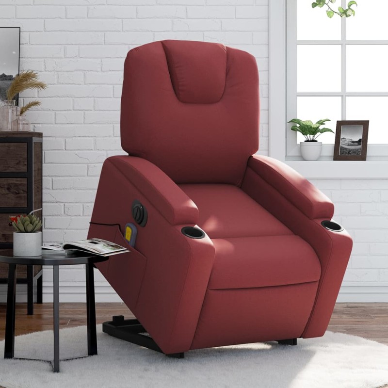 vidaXL Sillón de masaje elevable eléctrico cuero artificial rojo tinto vidaXL Sillón de masaje elevable eléctrico cuero artificial rojo tinto