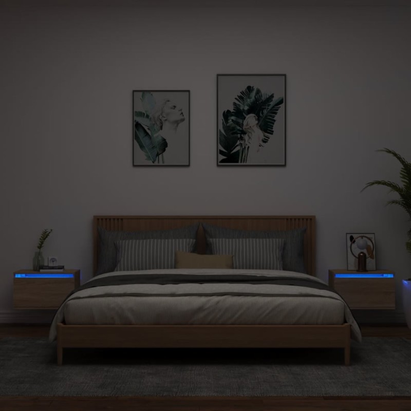 vidaXL Mesitas de noche de pared con luces LED 2 unidades roble Sonoma vidaXL Mesitas de noche de pared con luces LED 2 unidades roble Sonoma