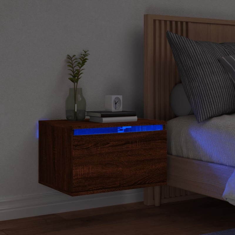 vidaXL Mesita de noche de pared con luces LED roble marrón vidaXL Mesita de noche de pared con luces LED roble marrón