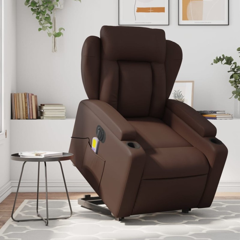 vidaXL Sillón de masaje elevable eléctrico cuero sintético marrón vidaXL Sillón de masaje elevable eléctrico cuero sintético marrón