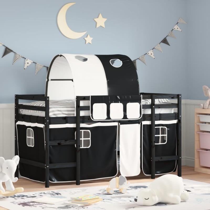vidaXL Cama alta niños con túnel madera pino blanco negro 80x200 cm