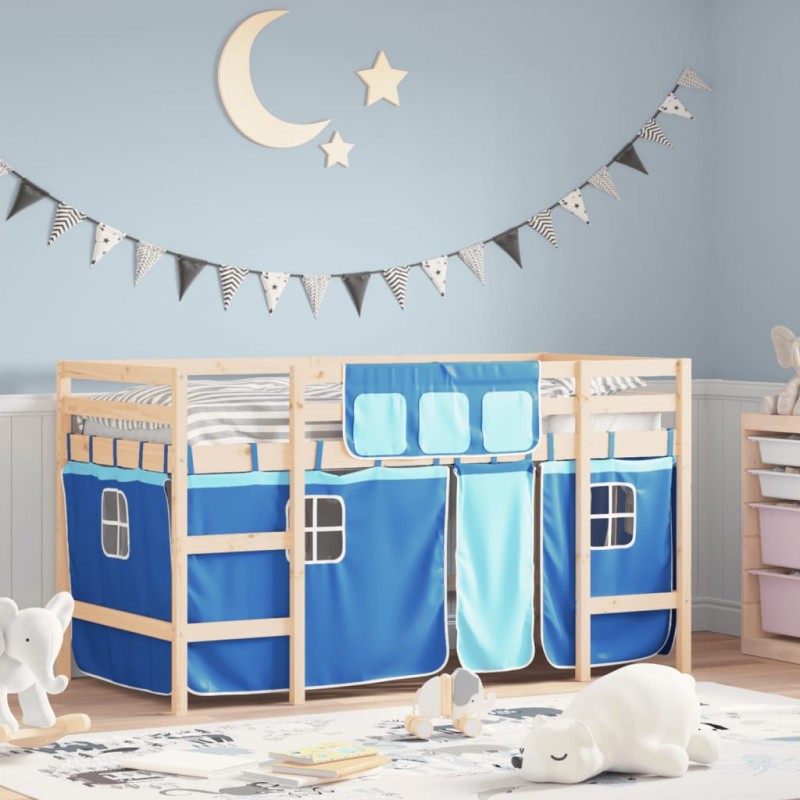 vidaXL Cama alta para niños con cortinas madera pino azul 90x190 cm vidaXL Cama alta para niños con cortinas madera pino azul 90x190 cm