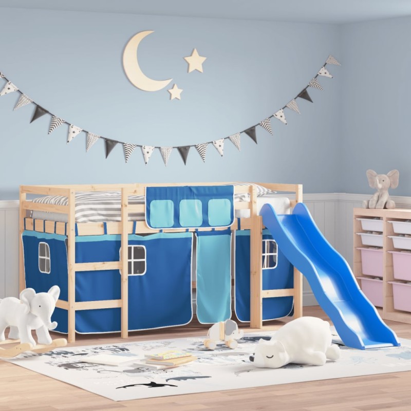 vidaXL Cama alta para niños con cortinas madera pino azul 90x190 cm vidaXL Cama alta para niños con cortinas madera pino azul 90x190 cm