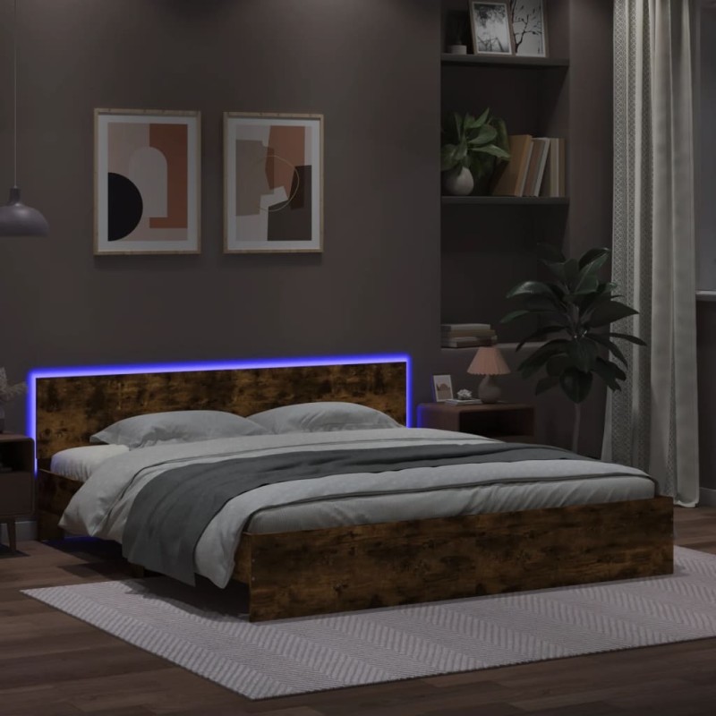 vidaXL Estructura de cama cabecero y luces LED roble ahumado 200x200cm vidaXL Estructura de cama cabecero y luces LED roble ahumado 200x200cm