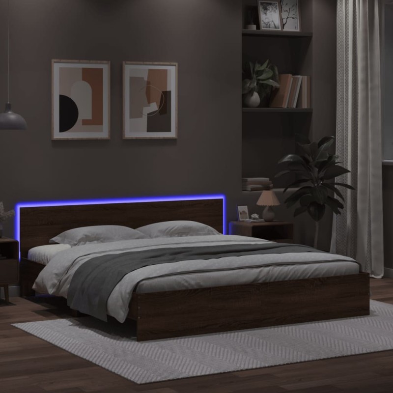 vidaXL Estructura de cama cabecero y luces LED marrón roble 200x200 cm vidaXL Estructura de cama cabecero y luces LED marrón roble 200x200 cm