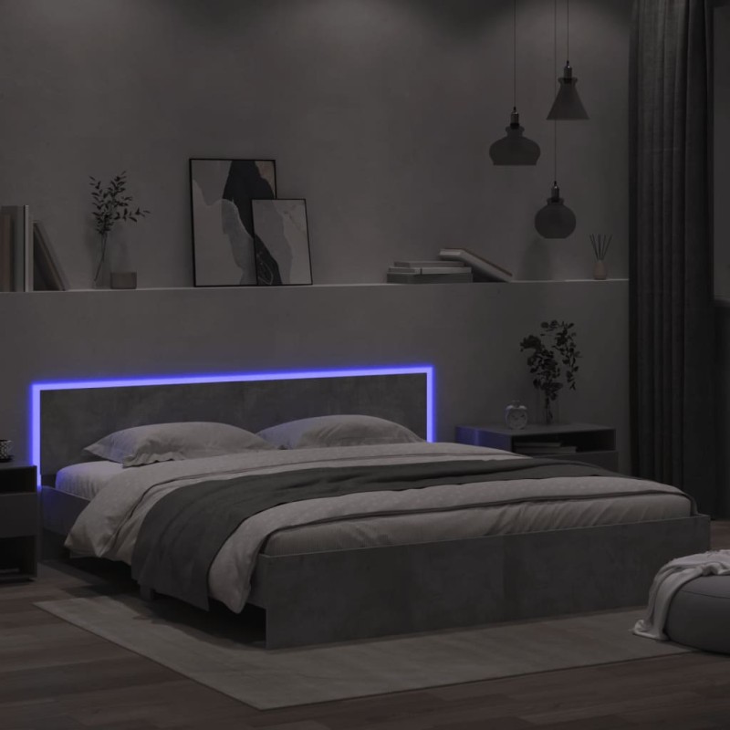 vidaXL Estructura de cama cabecero y luces LED gris hormigón 180x200cm vidaXL Estructura de cama cabecero y luces LED gris hormigón 180x200cm