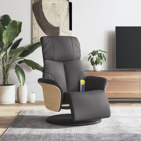 vidaXL Sillón reclinable de masaje con reposapiés cuero sintético gris
