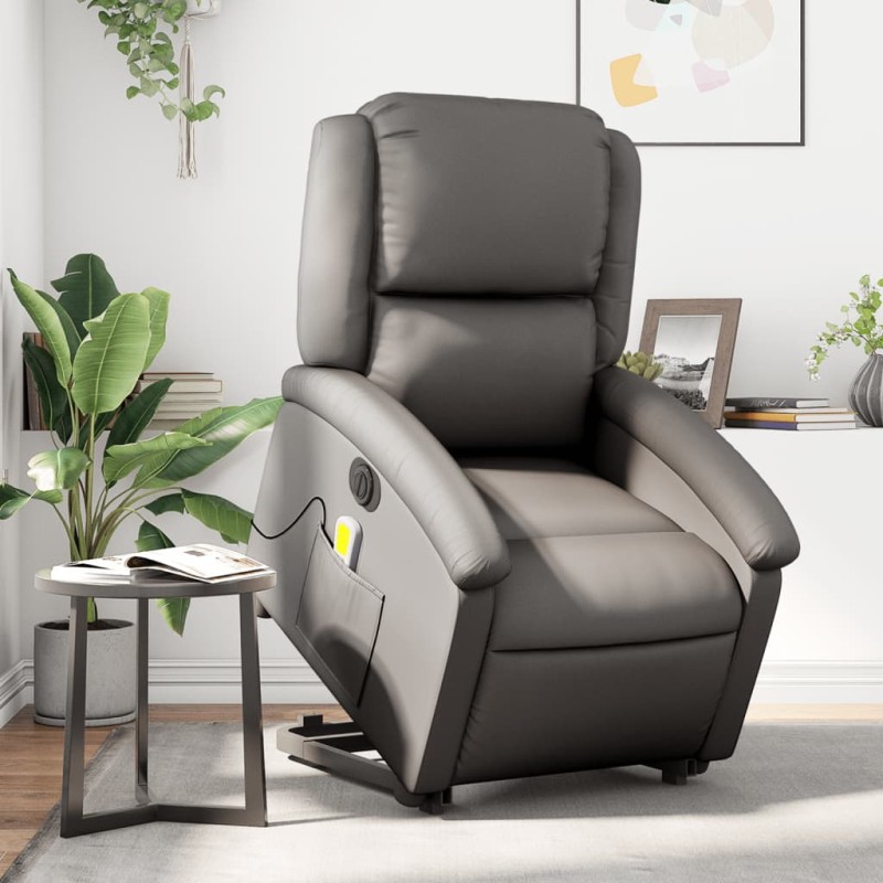 vidaXL Sillón reclinable masaje eléctrico de pie cuero auténtico gris vidaXL Sillón reclinable masaje eléctrico de pie cuero auténtico gris