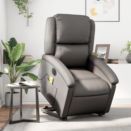 vidaXL Sillón reclinable masaje eléctrico de pie cuero auténtico gris