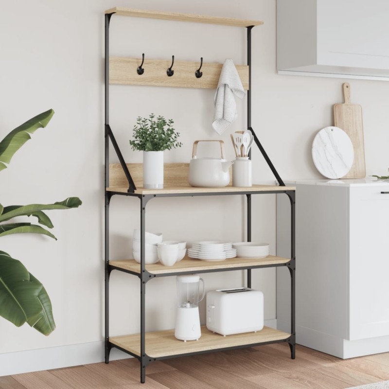 vidaXL Estantería cocina con ganchos 4 niveles madera ingeniería roble vidaXL Estantería cocina con ganchos 4 niveles madera ingeniería roble