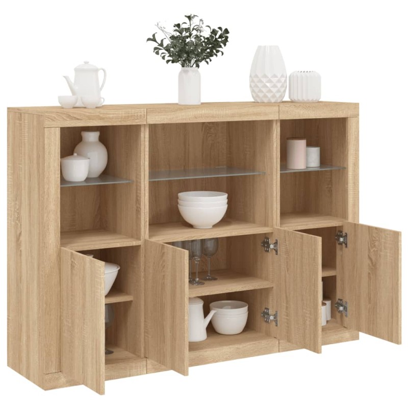 vidaXL Aparador con luz LED 3 piezas madera de ingeniería roble sonoma vidaXL Aparador con luz LED 3 piezas madera de ingeniería roble sonoma