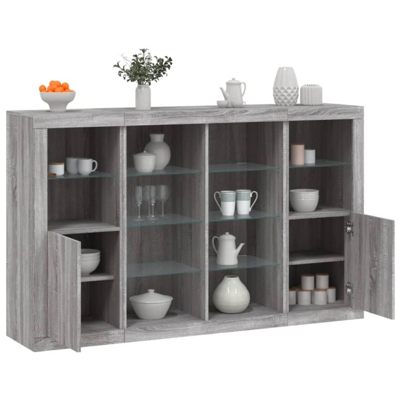 vidaXL Aparador con luz LED 3 pzas madera de ingeniería gris Sonoma vidaXL Aparador con luz LED 3 pzas madera de ingeniería gris Sonoma
