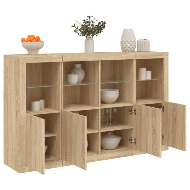 vidaXL Aparador con luz LED 3 piezas madera de ingeniería roble sonoma vidaXL Aparador con luz LED 3 piezas madera de ingeniería roble sonoma