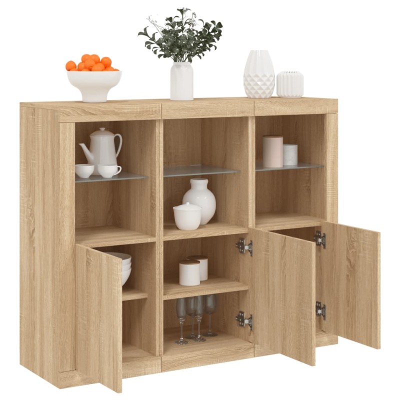 vidaXL Aparador con luz LED 3 piezas madera de ingeniería roble sonoma vidaXL Aparador con luz LED 3 piezas madera de ingeniería roble sonoma