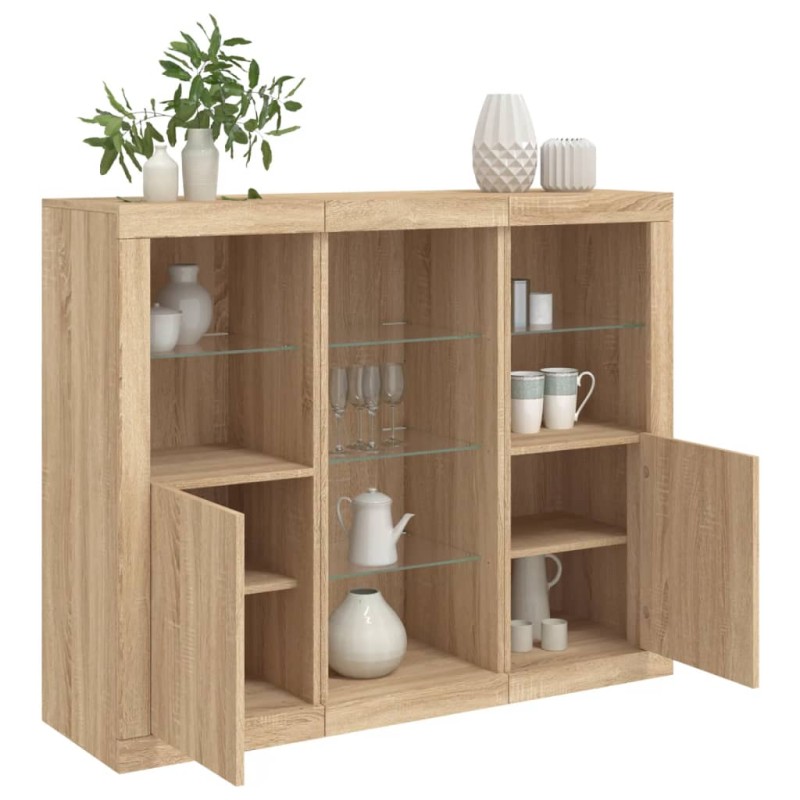 vidaXL Aparador con luz LED 3 piezas madera de ingeniería roble sonoma vidaXL Aparador con luz LED 3 piezas madera de ingeniería roble sonoma