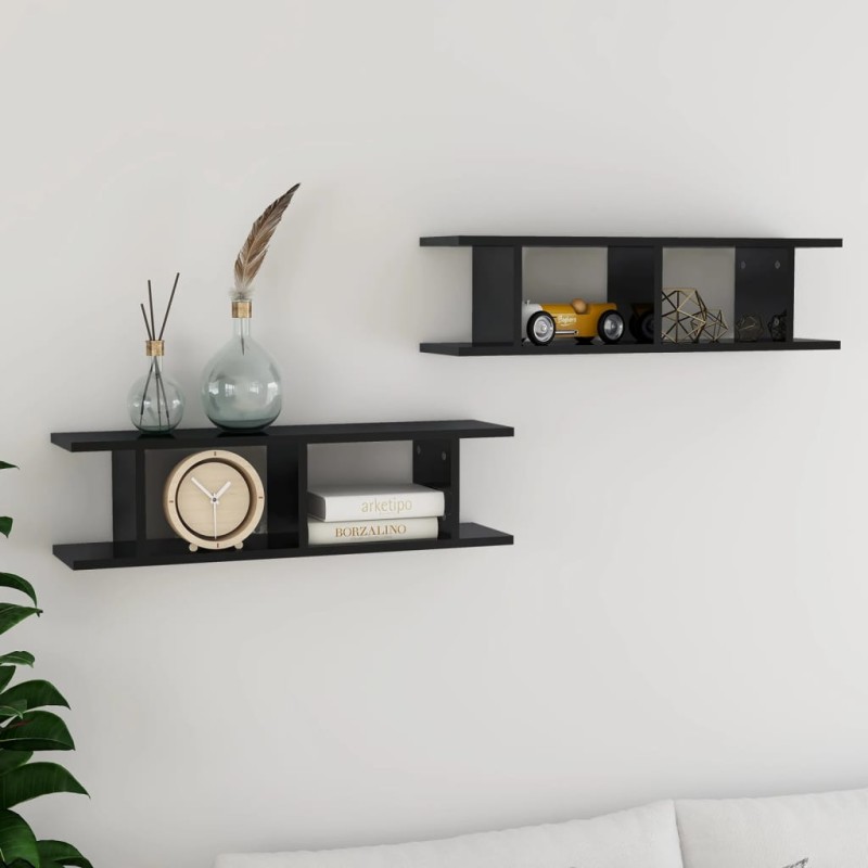 vidaXL Estantes de pared 2 uds contrachapada negro brillo 75x18x20 cm vidaXL Estantes de pared 2 uds contrachapada negro brillo 75x18x20 cm