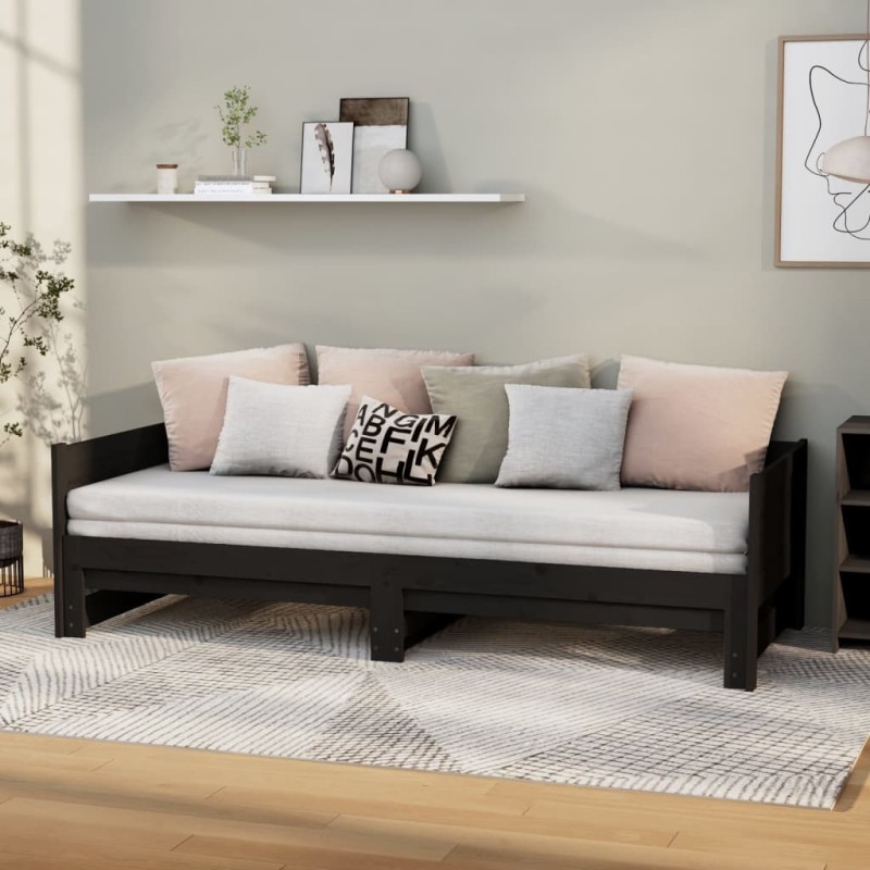 vidaXL Sofá cama extraíble madera maciza de pino negro 2x(80x200) cm vidaXL Sofá cama extraíble madera maciza de pino negro 2x(80x200) cm