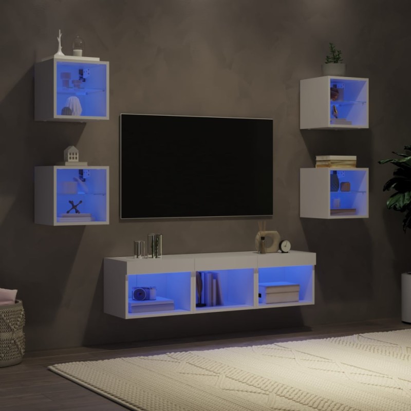 vidaXL Muebles de TV de pared con LED 7 pzas madera ingeniería blanco vidaXL Muebles de TV de pared con LED 7 pzas madera ingeniería blanco