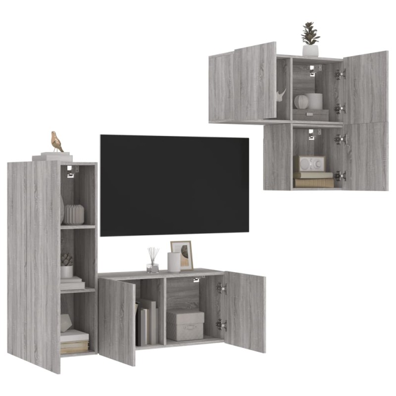 vidaXL Muebles de TV de pared 4 pzas madera de ingeniería gris Sonoma vidaXL Muebles de TV de pared 4 pzas madera de ingeniería gris Sonoma