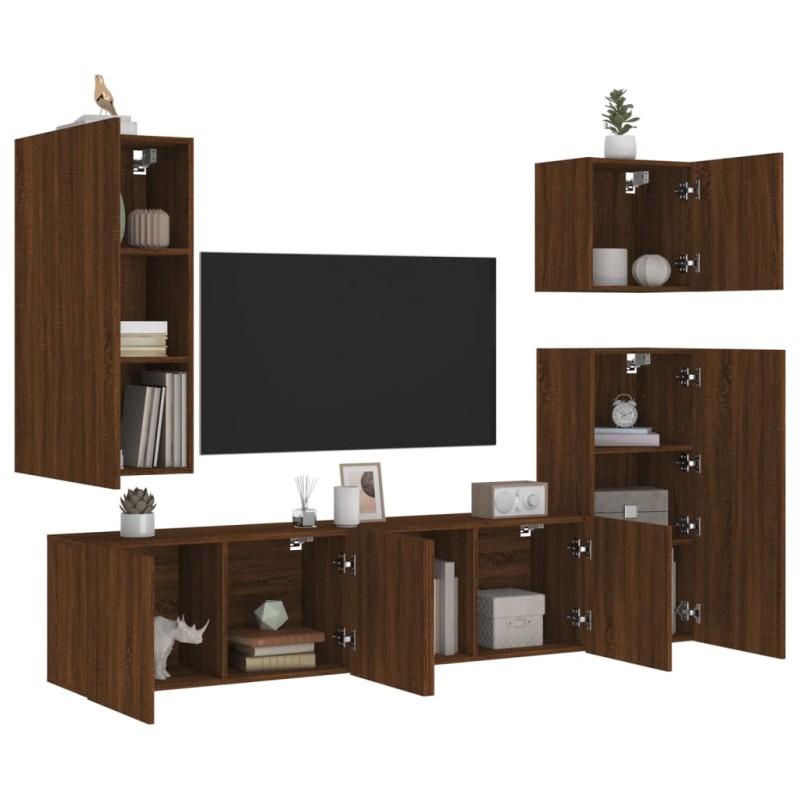 vidaXL Muebles de TV de pared 5 pzas madera de ingeniería marrón roble