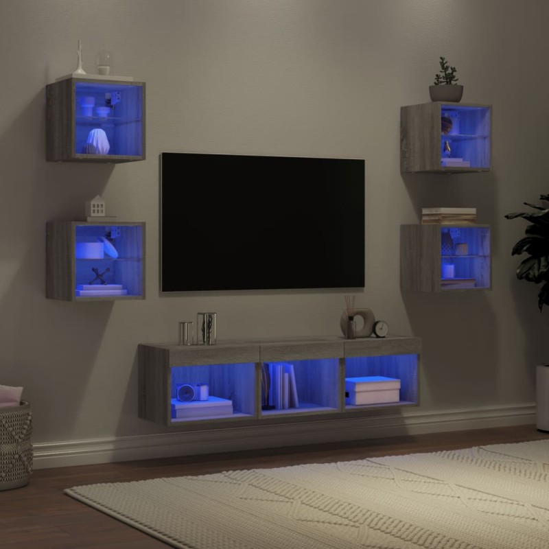 vidaXL Muebles TV pared con LED 7 pzas madera ingeniería gris Sonoma vidaXL Muebles TV pared con LED 7 pzas madera ingeniería gris Sonoma