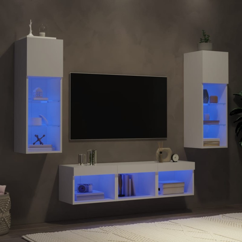 vidaXL Muebles de TV de pared con LED 5 pzas madera ingeniería blanco vidaXL Muebles de TV de pared con LED 5 pzas madera ingeniería blanco
