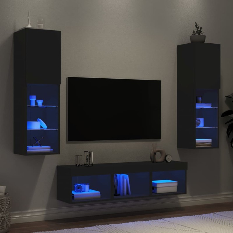 vidaXL Muebles de TV de pared con LED 5 pzas madera ingeniería negro vidaXL Muebles de TV de pared con LED 5 pzas madera ingeniería negro