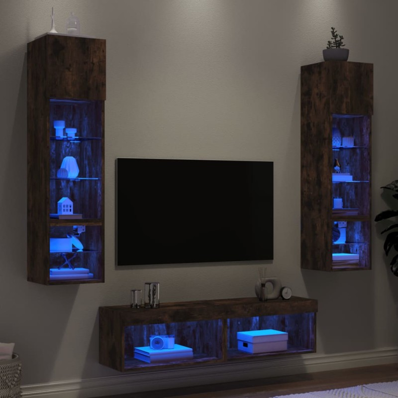 vidaXL Muebles TV pared con LED 6 pzas madera ingeniería roble ahumado vidaXL Muebles TV pared con LED 6 pzas madera ingeniería roble ahumado
