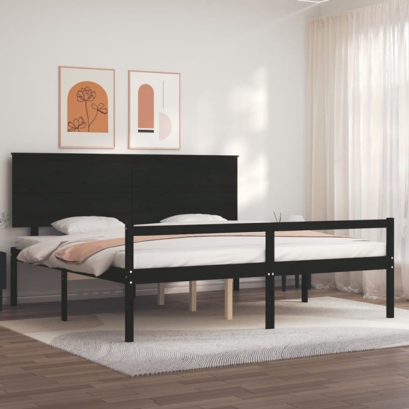 vidaXL Cama personas mayores cabecero madera maciza negro 200x200 cm vidaXL Cama personas mayores cabecero madera maciza negro 200x200 cm