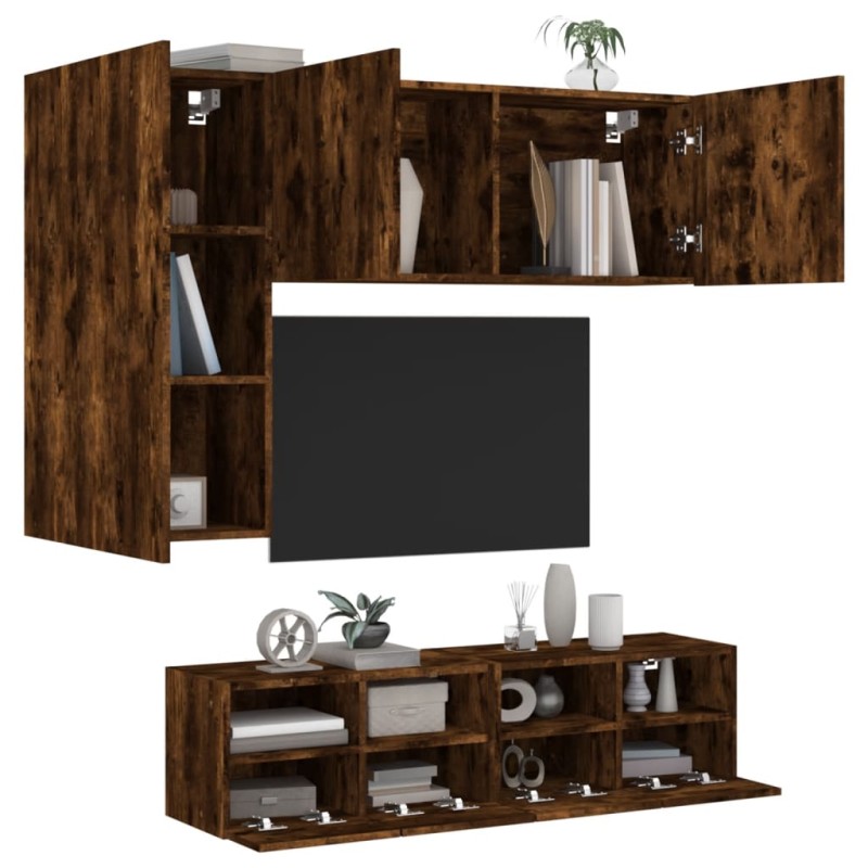 vidaXL Muebles de TV de pared 4 pzas madera ingeniería roble ahumado vidaXL Muebles de TV de pared 4 pzas madera ingeniería roble ahumado