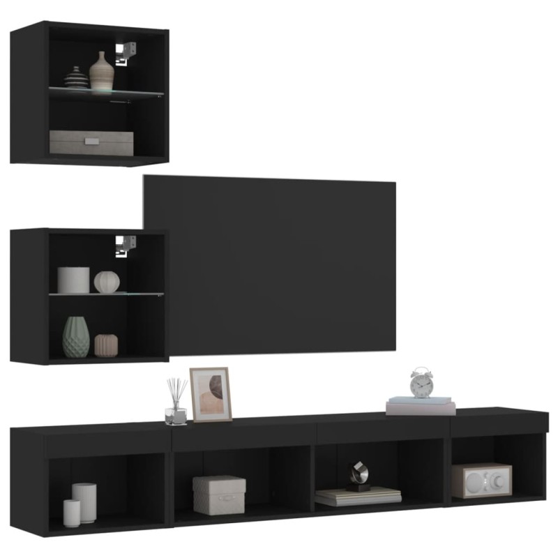 vidaXL Muebles de TV de pared con LED 5 pzas madera ingeniería negro vidaXL Muebles de TV de pared con LED 5 pzas madera ingeniería negro