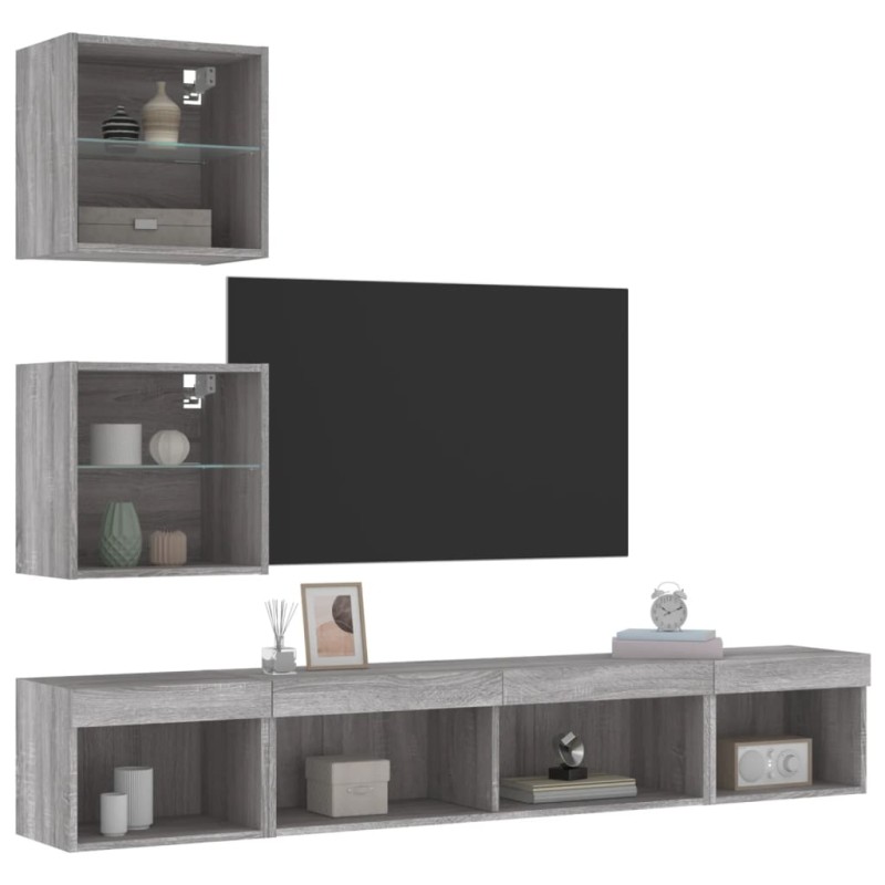 vidaXL Muebles TV pared con LED 5 pzas madera ingeniería gris Sonoma vidaXL Muebles TV pared con LED 5 pzas madera ingeniería gris Sonoma