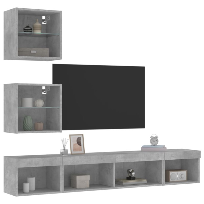 vidaXL Muebles TV pared con LED 5 pzas madera ingeniería gris hormigón