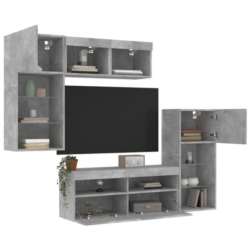 vidaXL Muebles TV pared con LED 5 pzas madera ingeniería gris hormigón