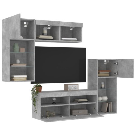 vidaXL Muebles TV pared con LED 5 pzas madera ingeniería gris hormigón