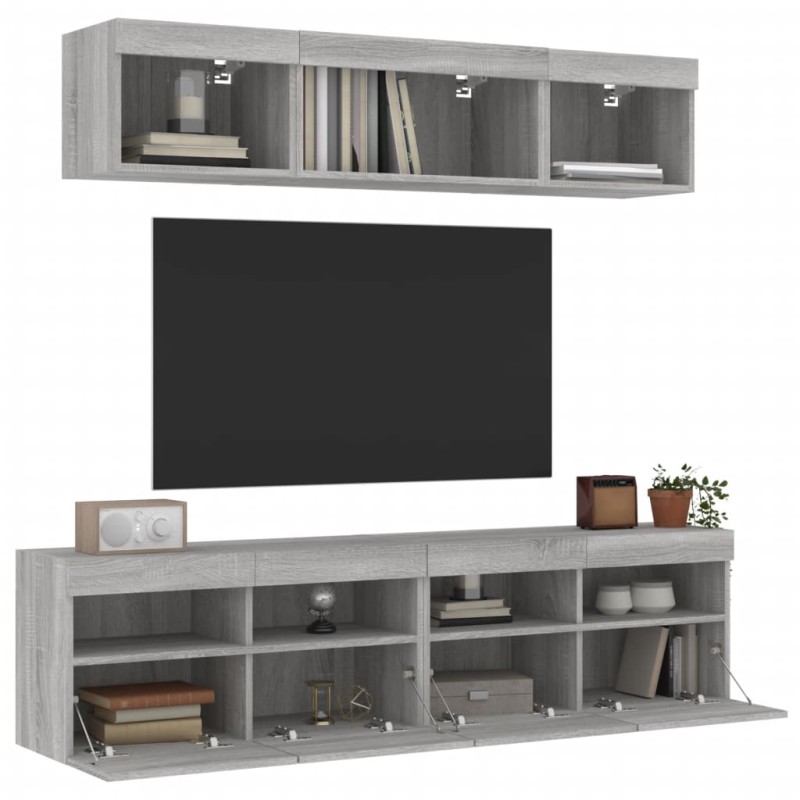 vidaXL Muebles TV pared con LED 5 pzas madera ingeniería gris Sonoma vidaXL Muebles TV pared con LED 5 pzas madera ingeniería gris Sonoma