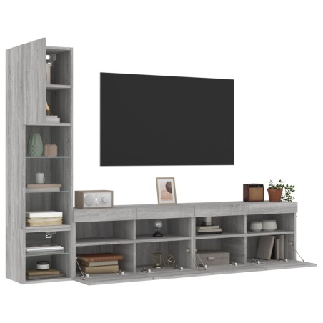 vidaXL Muebles TV pared con LED 4 pzas madera ingeniería gris Sonoma