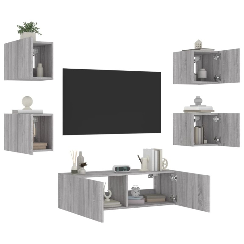 vidaXL Muebles de TV de pared con luces LED 5 piezas gris Sonoma vidaXL Muebles de TV de pared con luces LED 5 piezas gris Sonoma