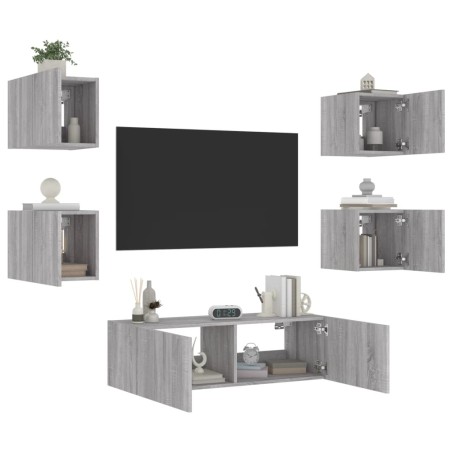 vidaXL Muebles de TV de pared con luces LED 5 piezas gris Sonoma