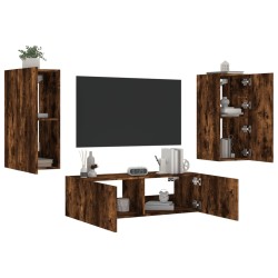 vidaXL Muebles de TV de pared con luces LED 3 piezas roble ahumado