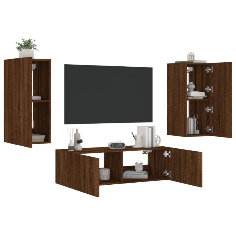 vidaXL Muebles de TV de pared con luces LED 3 piezas marrón roble