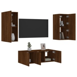 vidaXL Muebles TV pared con LED 4 pzas madera ingeniería marrón roble