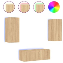 vidaXL Muebles TV pared con LED 4 pzas madera ingeniería roble Sonoma