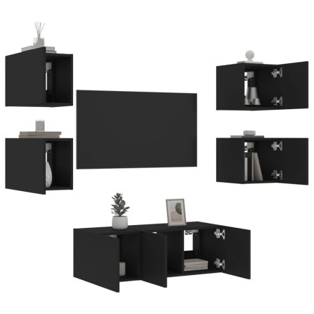 vidaXL Muebles de TV de pared con LED 6 pzas madera ingeniería negro