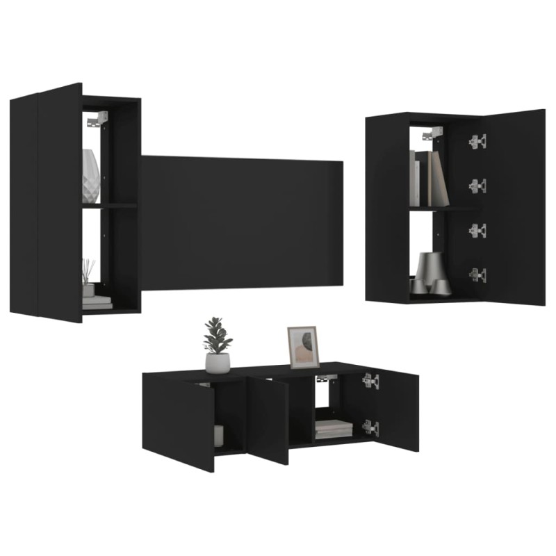 vidaXL Muebles de TV de pared con LED 4 pzas madera ingeniería negro