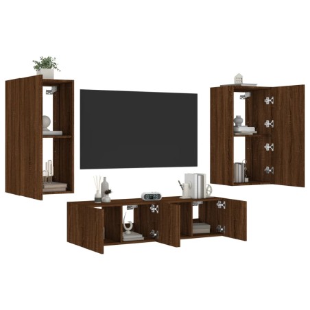 vidaXL Muebles TV pared con LED 4 pzas madera ingeniería marrón roble