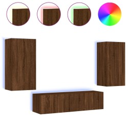 vidaXL Muebles TV pared con LED 4 pzas madera ingeniería marrón roble