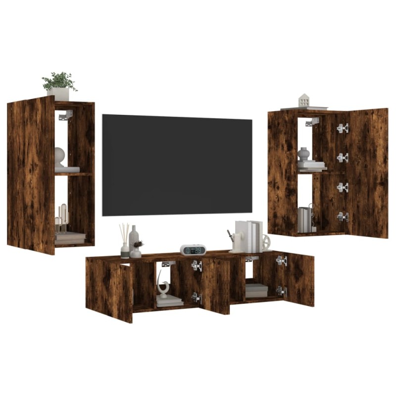 vidaXL Muebles TV pared con LED 4 pzas madera ingeniería roble ahumado