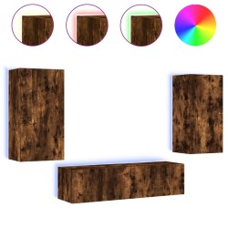 vidaXL Muebles TV pared con LED 4 pzas madera ingeniería roble ahumado